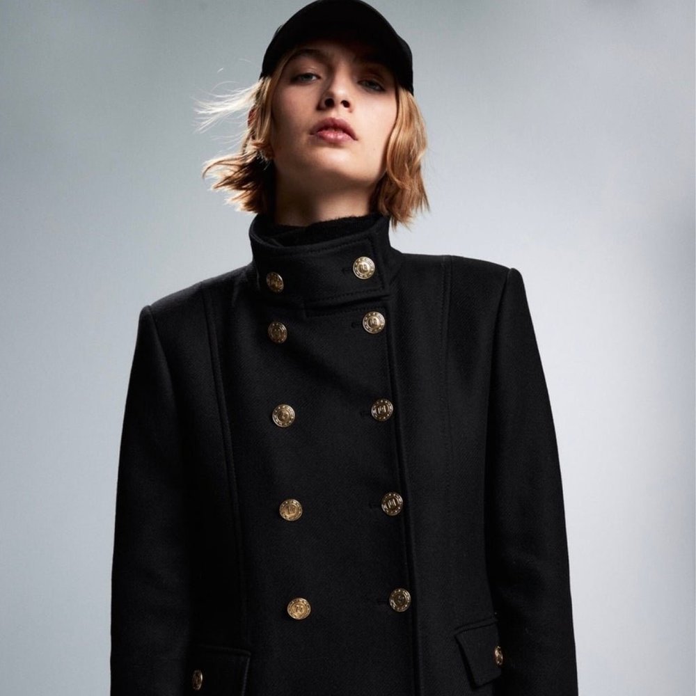 NWT Zara GOLD BUTTON WOOL BLEND COAT BLACK 75% Manteco Italian Wool Size S